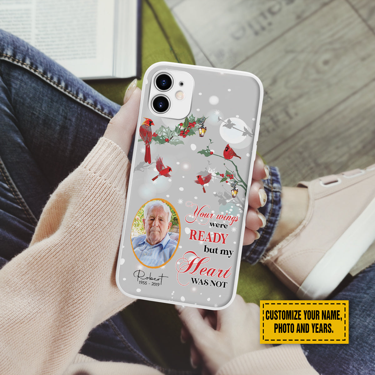 Teesdily | Christmas Memorial Customized Photo Phone Case Cardinal Your Wings Was Ready But My Heart Was Not Phone Cover Family Member Remembrance