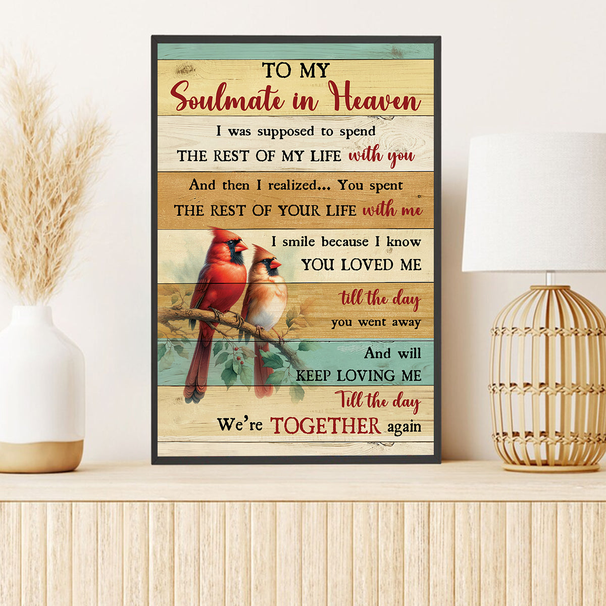 Teesdily | Cardinal To My Soulmate In Heaven Poster, Cardinal Memorial Canvas Art, Remembrance Home Decor Poster Canvas