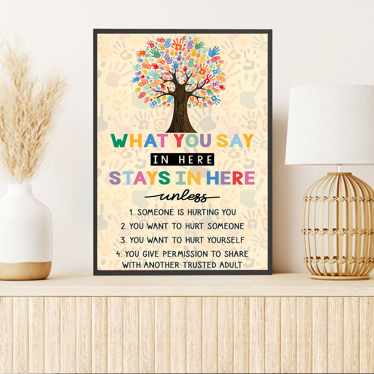 Teesdily | Autism Colorful Tree Hand Poster Canvas What You Say In Here Stays In Here Canvas Art Autism Awareness Wall Art Neurodiversity Sign