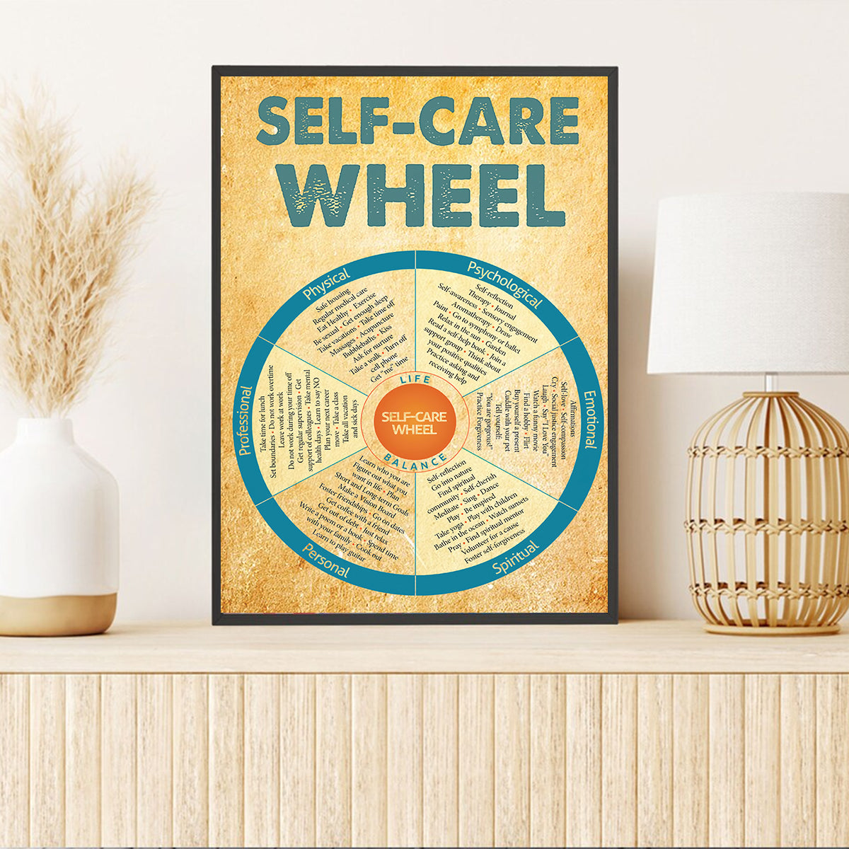 Teesdily | Self-Care Wheel Canvas Wall Art Physical Stress Management Self Care Wheel Therapy Office Decor Mindfulness Psychologist Social Worker Gift