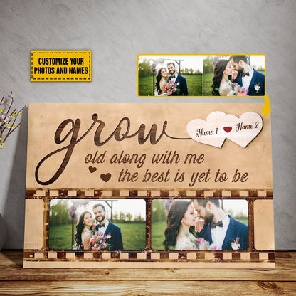 Teesdily | Couple Customized Photo And Name Poster Canvas Grow Old Along With Me Vintage Wall Decor Wedding Anniversary Gift For Wife Husband