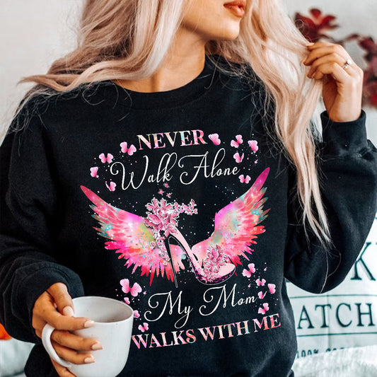 Teesdily | Mom Memorial Shirt, Never Walk Alone My Mom Walks With Me Tee, Mom Flamingo Tshirt Unisex Tshirt Hoodie Sweatshirt Mug