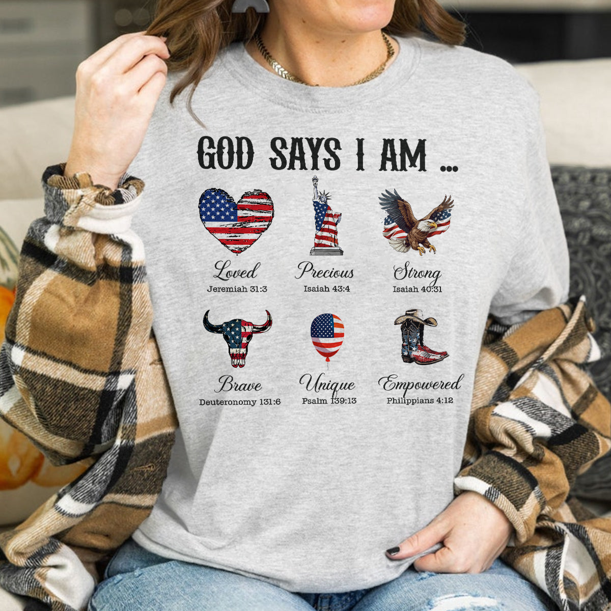 Teesdily | God Says I Am Shirt, American Flag Cowboy Sweatshirt, Eagle Heart Statue of Liberty Mug, Jesus Christ Mug Gifts