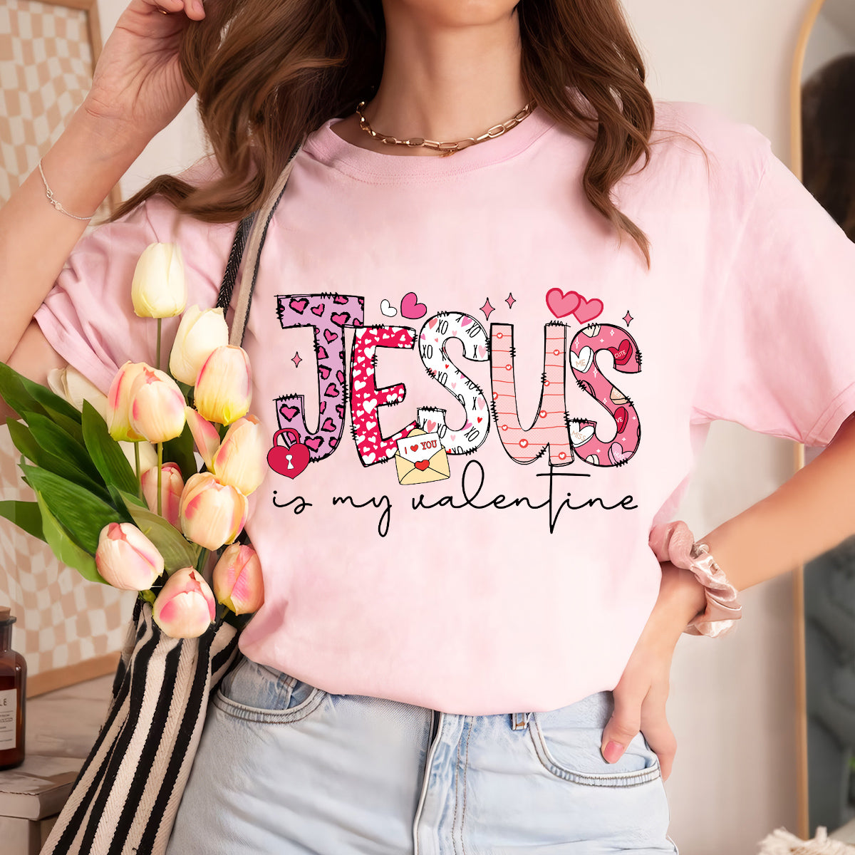 Teesdily | Jesus Is My Valentine Womens Tops Valentines Day Theme Tshirt Sweatshirt Hoodie Mug Valentine Gift For Christian Mom Grandma Girlfriend