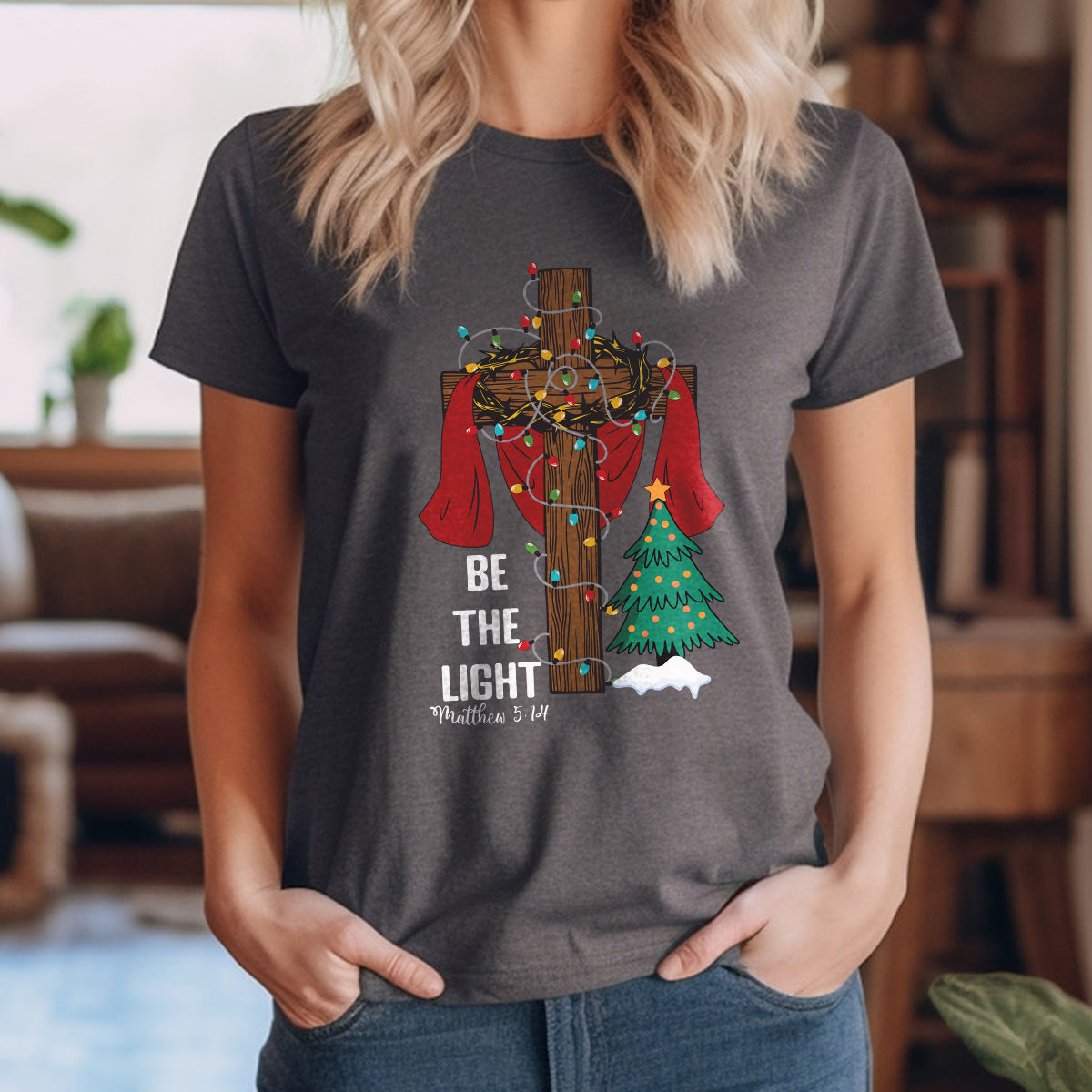 Teesdily | Be The Light Christmas Shirt, Jesus Cross Christmas Tree Sweatshirt, Christmas Family Hoodie Mug, Faith Religious Gift