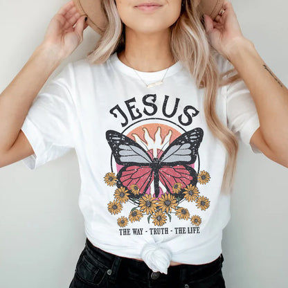 Teesdily | Jesus Christ Butterfly Sunflower Shirt Jesus The Way Truth The Life Sweatshirt Hoodie Mug God Faith Crew Neck T Shirts For Women