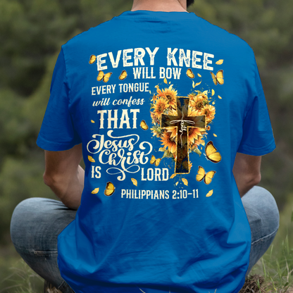 Teesdily | Every Knee Shall Bow Shirt, Every Tongue Shall Confess Sweatshirt, Bible Verse Sunflower Cross Jesus Hoodie Mug Gift