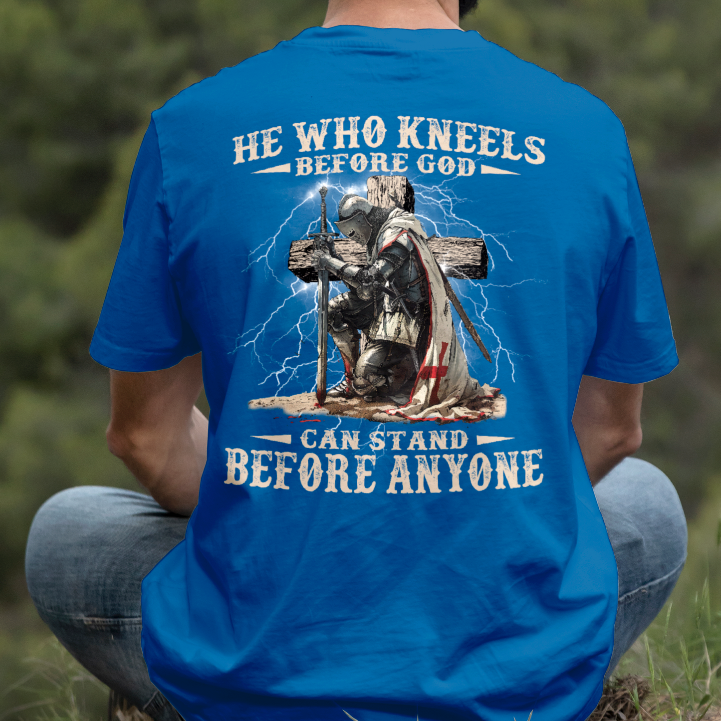 Teesdily | He Who Kneels Before God Shirt, Jesus Warrior Sweatshirt, Christian Cross Faith Hoodie Mug, Religious Gift Men