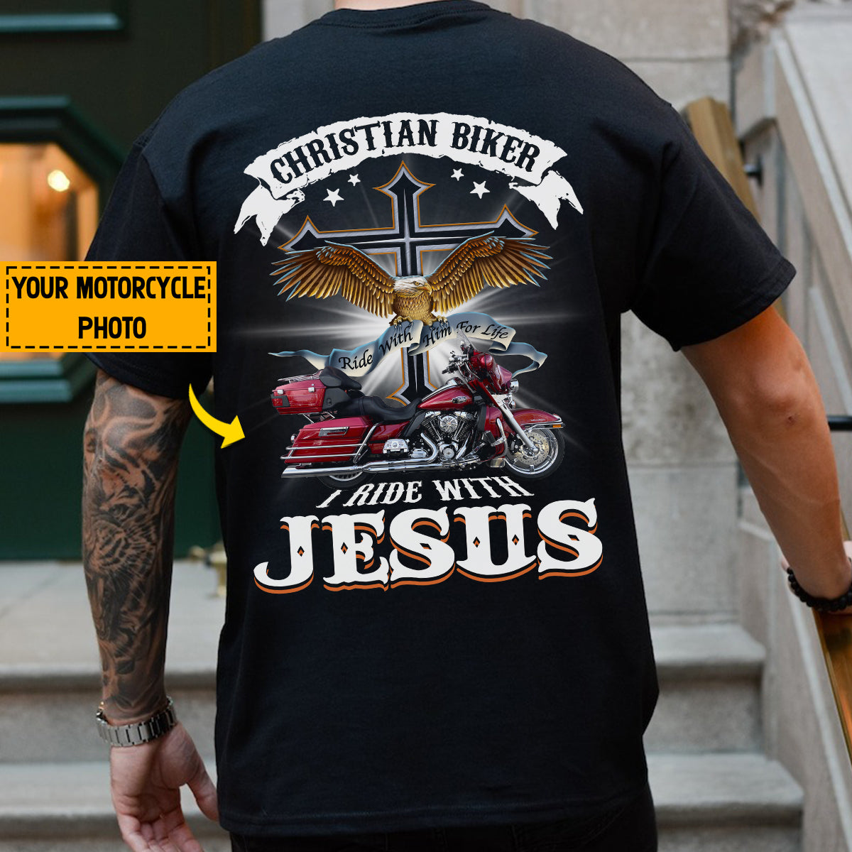 Teesdily | Personalized Motorcycle Photo Shirt, Christian Biker Shirt, I Ride With Jesus Hoodie Sweatshirt Mug, Motorcycle Gifts