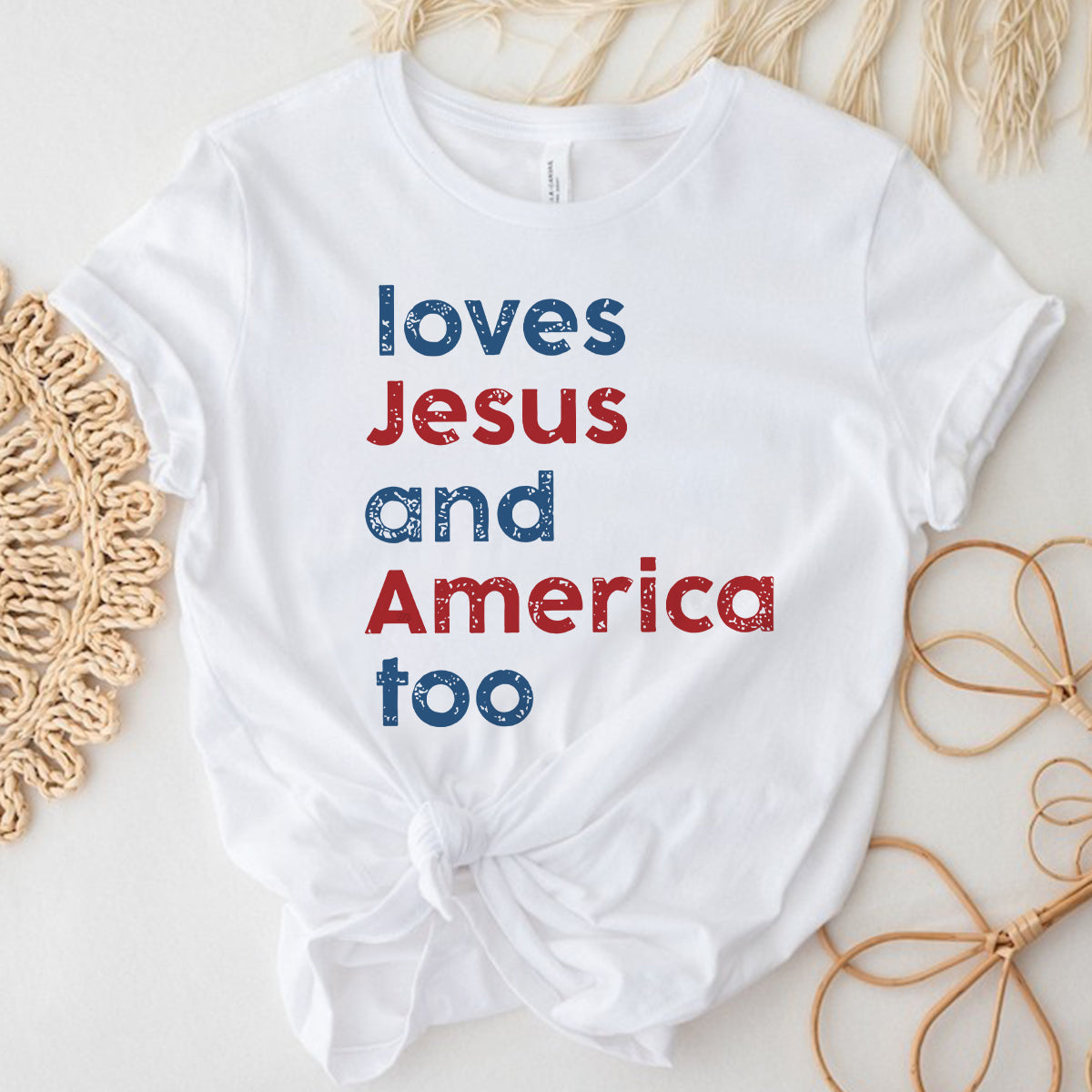 Teesdily | Loves Jesus And America Too Shirt, Patriotic Christian Sweatshirt Hoodie Pullover, Independence Day Mug, Christian 4Th Of July Gifts