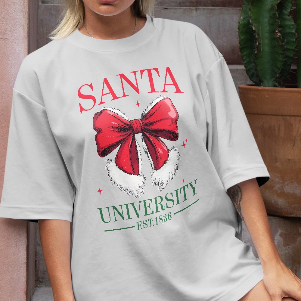 Teesdily | Retro Santa Bow University Est 1836 Shirt, Coquette Bow Christmas Sweatshirt, Social Club Santa Tee