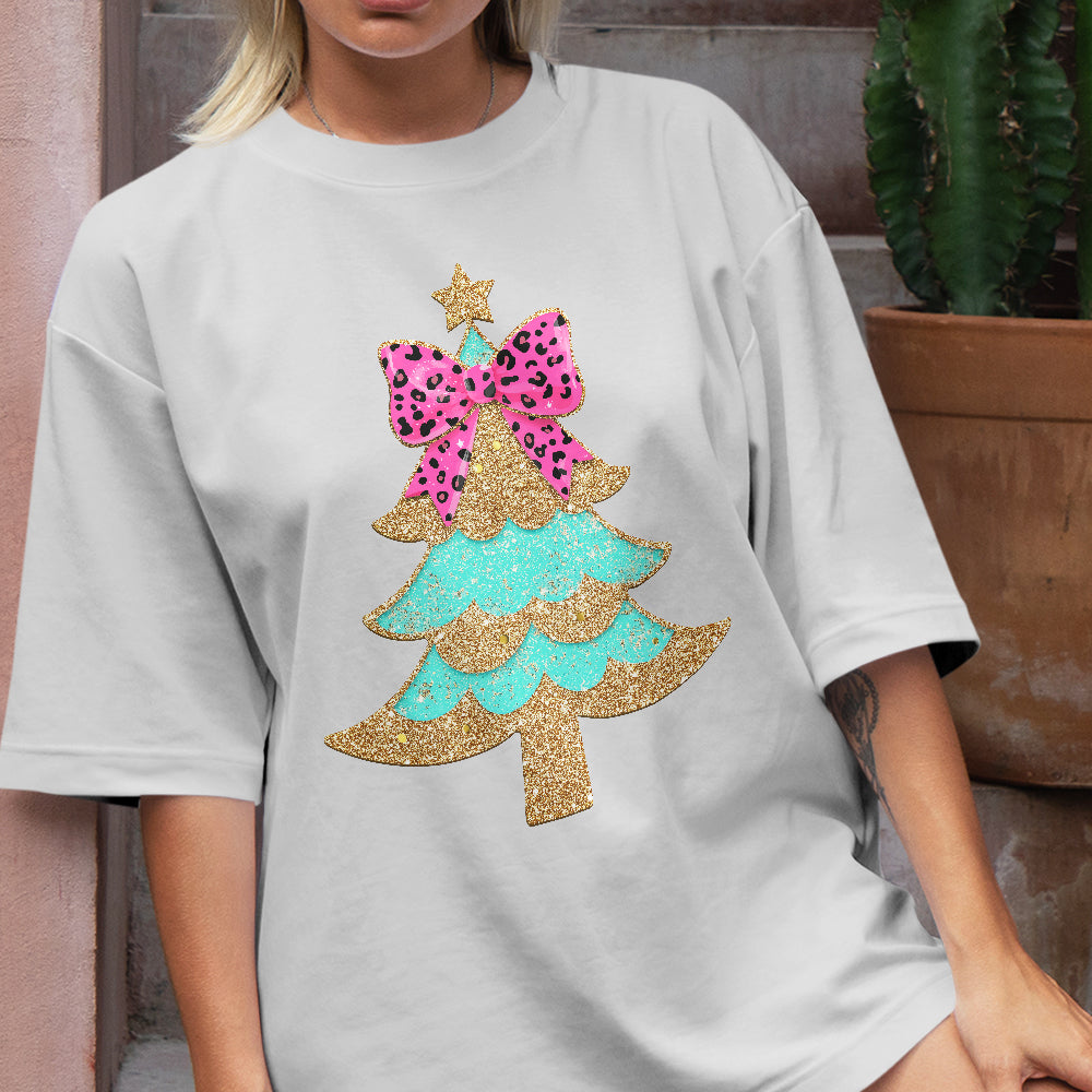 Teesdily | Christmas Tree Bow Shirt, Christmas Coquette Bow Glitter Leopard Sweatshirt, Christmas Hoodie Mug For Women