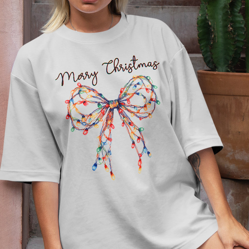 Teesdily | Merry Christmas Bow Light Shirt, Christmas Coquette Bow Sweatshirt, Merry And Bright Lights Bow Hoodie Mug For Women