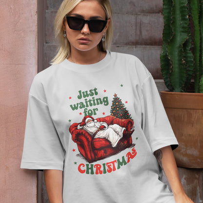 Teesdily | Just Waiting For Christmas Shirt, Santa Sofa Christmas Lights Tee 2024, Santa Claus Sweatshirt Hoodie Mug, Holiday Gift