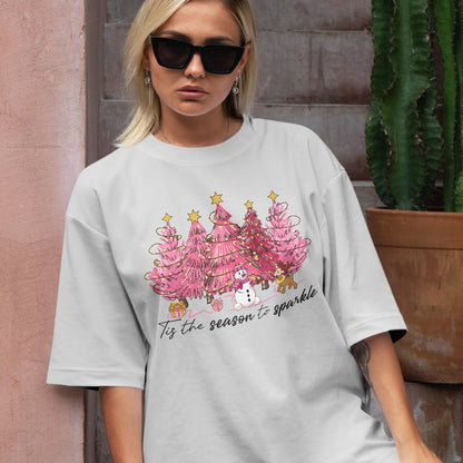 Teesdily | Pink Christmas Tree Snowman Christmas Shirt, Tis The Season To Sparkle Tee Sweatshirt Hoodie Mug, Christmas Gift