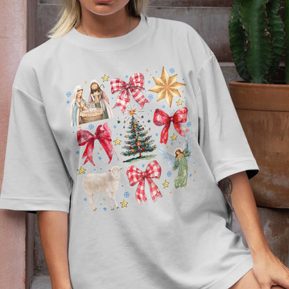 Teesdily | Red Coquette Jesus Nativity Shirt, Holy Night Tee Sweatshirt Hoodie Mug, Jesus Lovers Christmas Gift, Xmas Coquette