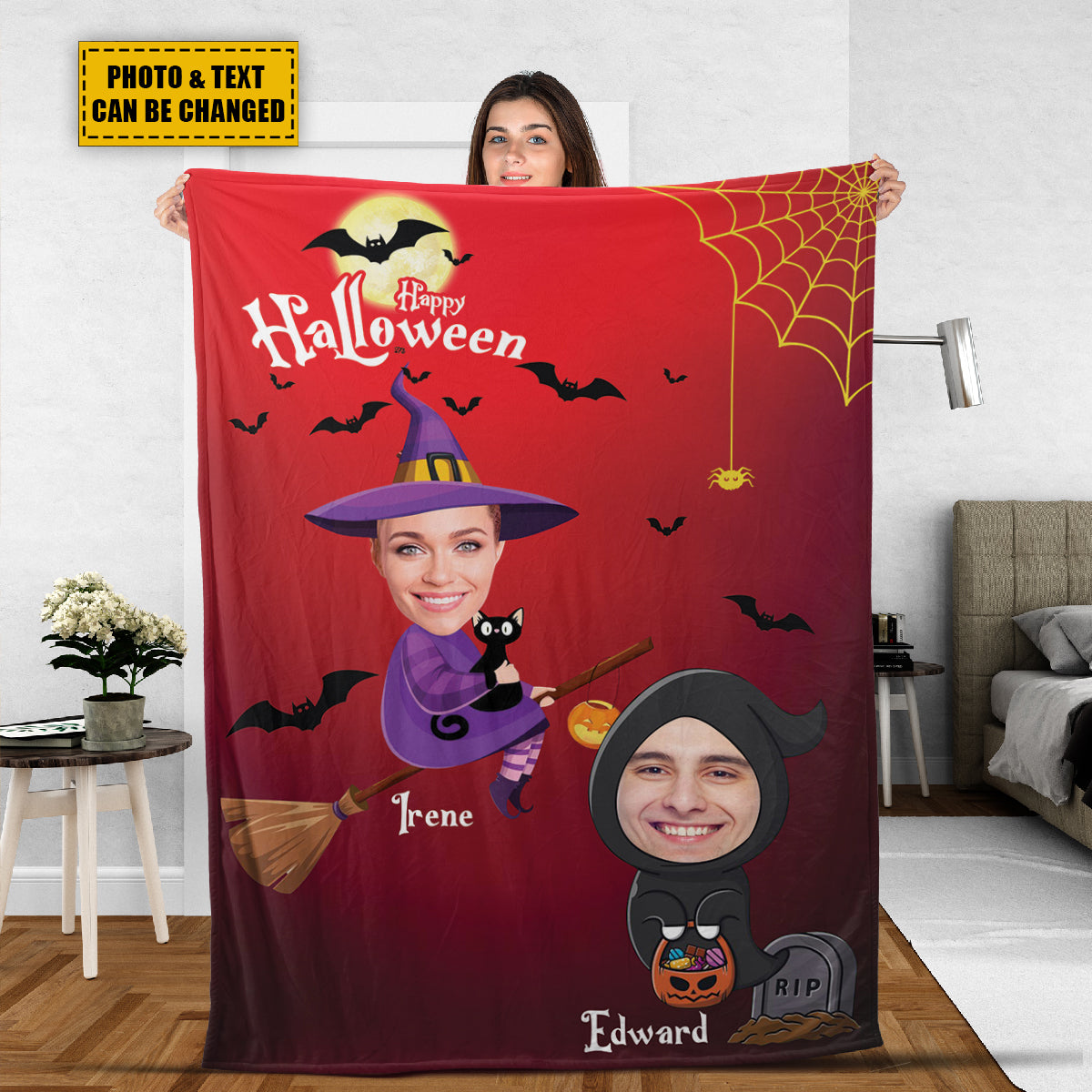 Teesdily | Halloween Custom Face Blanket Funny Witch Personalized Photo Blankets Throw With Picture Halloween Gift For Family And Friends