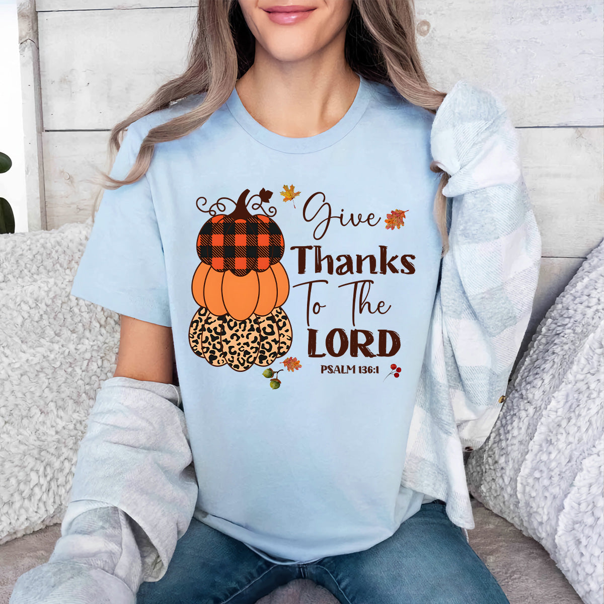 Teesdily | Give Thanks To The Lord Shirt, Fall Pumpkin Stack Tee Sweatshirt Hoodies, Leopard Pumpkin Mug, Fall Shirts For Women Faith, Halloween Gift