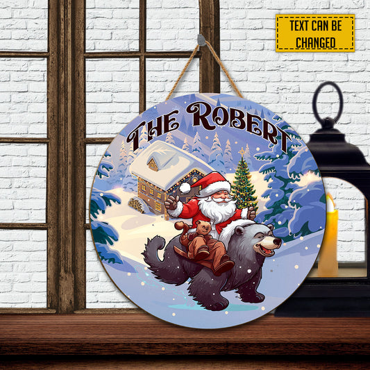 Teesdily | Customized Name Funny Santa Claus And Bear Round Wood Sign Merry Christmas Wood Door Hanger Noel Christmas Day Gifts