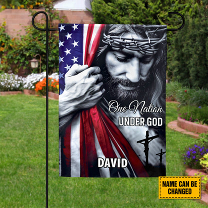 Teesdily | Customized American Flag Jesus Yard Sign, One Nation Under God Christian American Garden Metal Sign, Jesus Lover Gift