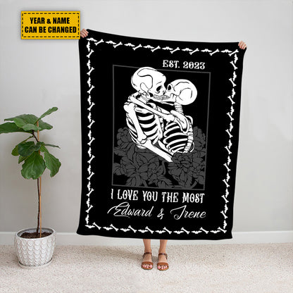 Teesdily | Skull Couple Personalized Fleece Blanket I Love You The Most Sofa Blanket Halloween Throw Spooky Skull Decor Goth Halloween Custom Gifts