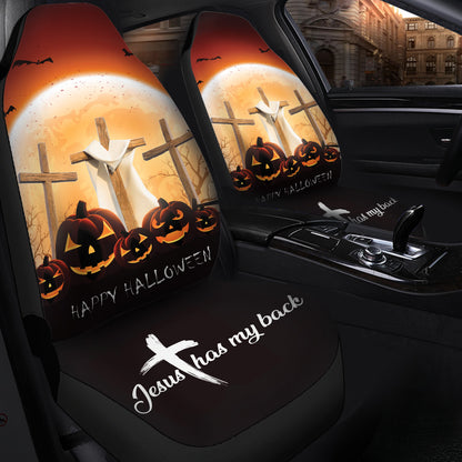 Teesdily | Jesus Has My Back Halloween Car Seat Cover, Happy Halloween Pumpkin Front Car Seat, Christ Cross Protection Seat Cover, Halloween Gift