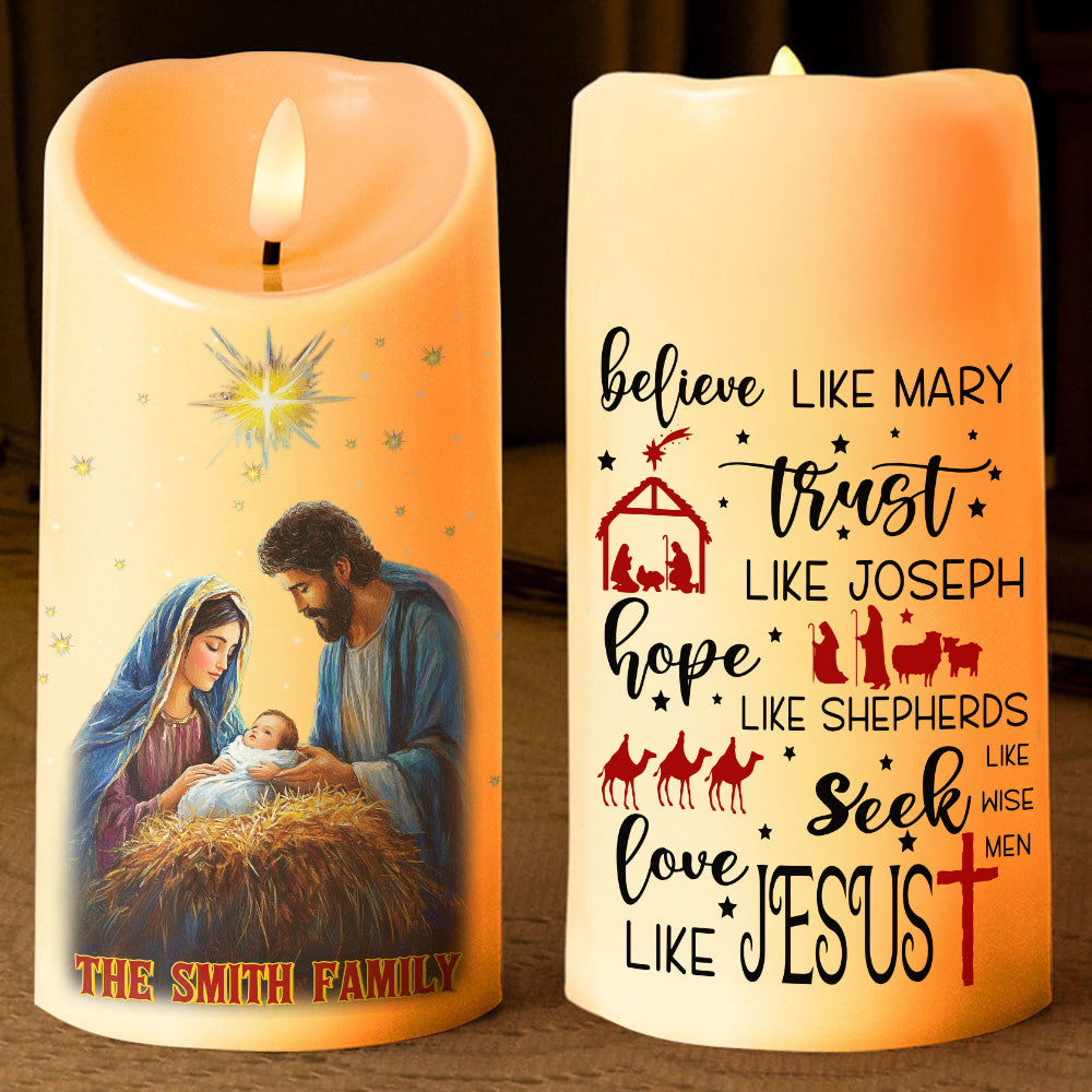 Teesdily | Personalized Holy Family LED Candle, Christmas Jesus Christ Our Lord LED Candle, Religious Home Decor Christmas Gift