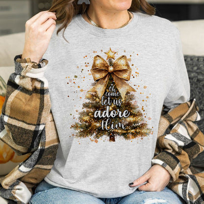 Teesdily | Oh Come Let Us Adore Him Shirt, Nativity Scene Christmas Sweatshirt Hoodie Mug, Jesus Nativity Shirt, Religious Gift