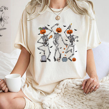 Teesdily | Dancing Skeleton Pumpkin Shirt, Retro Halloween Spooky Season Sweatshirt Hoodie Mug, Halloween Pumpkin Face T-shirt, Halloween Shirt Gift