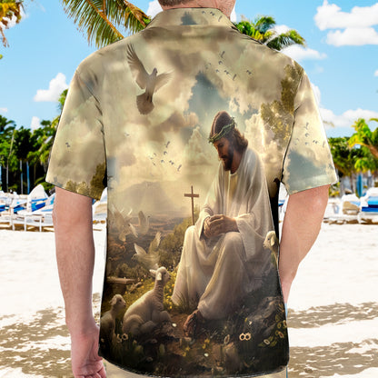 Teesdily | Jesus And Lamb Of God Hawaiian Shirt, Be Still & Know That I Am God Hawaii Shirt, Christian Cross Aloha Hawaii Set, Button Shirt, Dad Gift