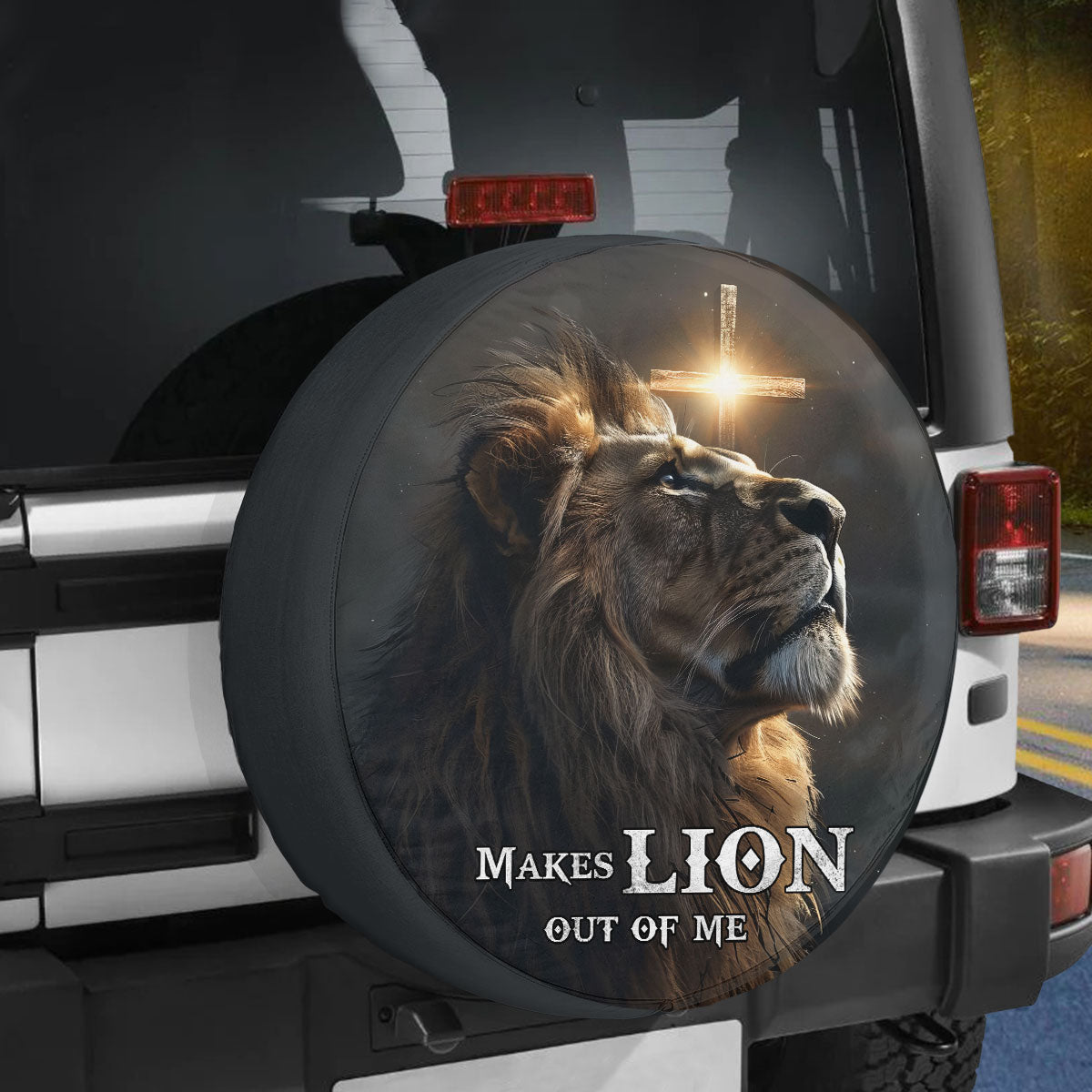 Teesdily | Lion Of Judah Spare Wheel Cover, Makes Lion Out Of Me Tire Protector Bag, Christian Car Accessories Spare Tire Cover 27"-34"