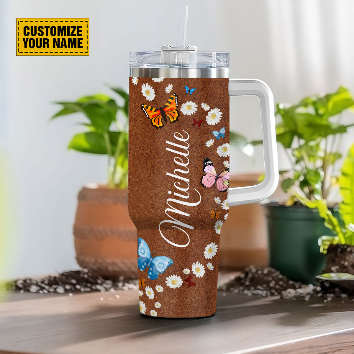 Teesdily | Personalized Daisy Butterfly 40 oz Tumbler, Let All That You Do Be Done In Love Tumbler With Lid, Inspirational Gifts For Women