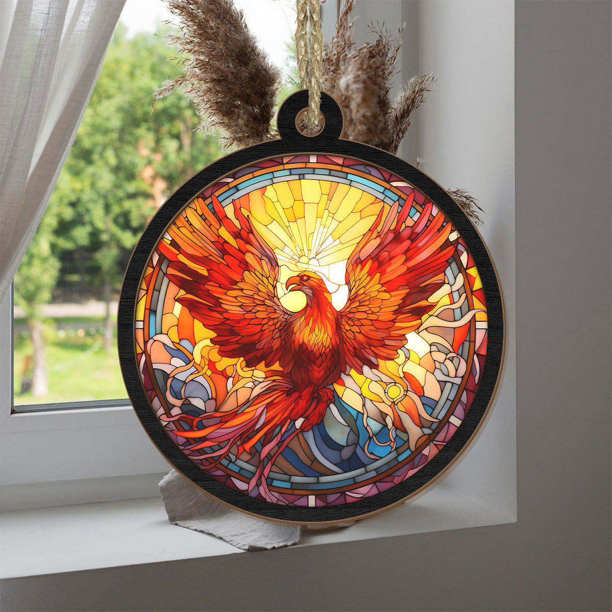 Teesdily | Fire Rooster In Stained Glass Suncatcher Window Hangings, Rooster Lovers, Christmas Tree Decoration, Holiday Gift, Xmas Gift