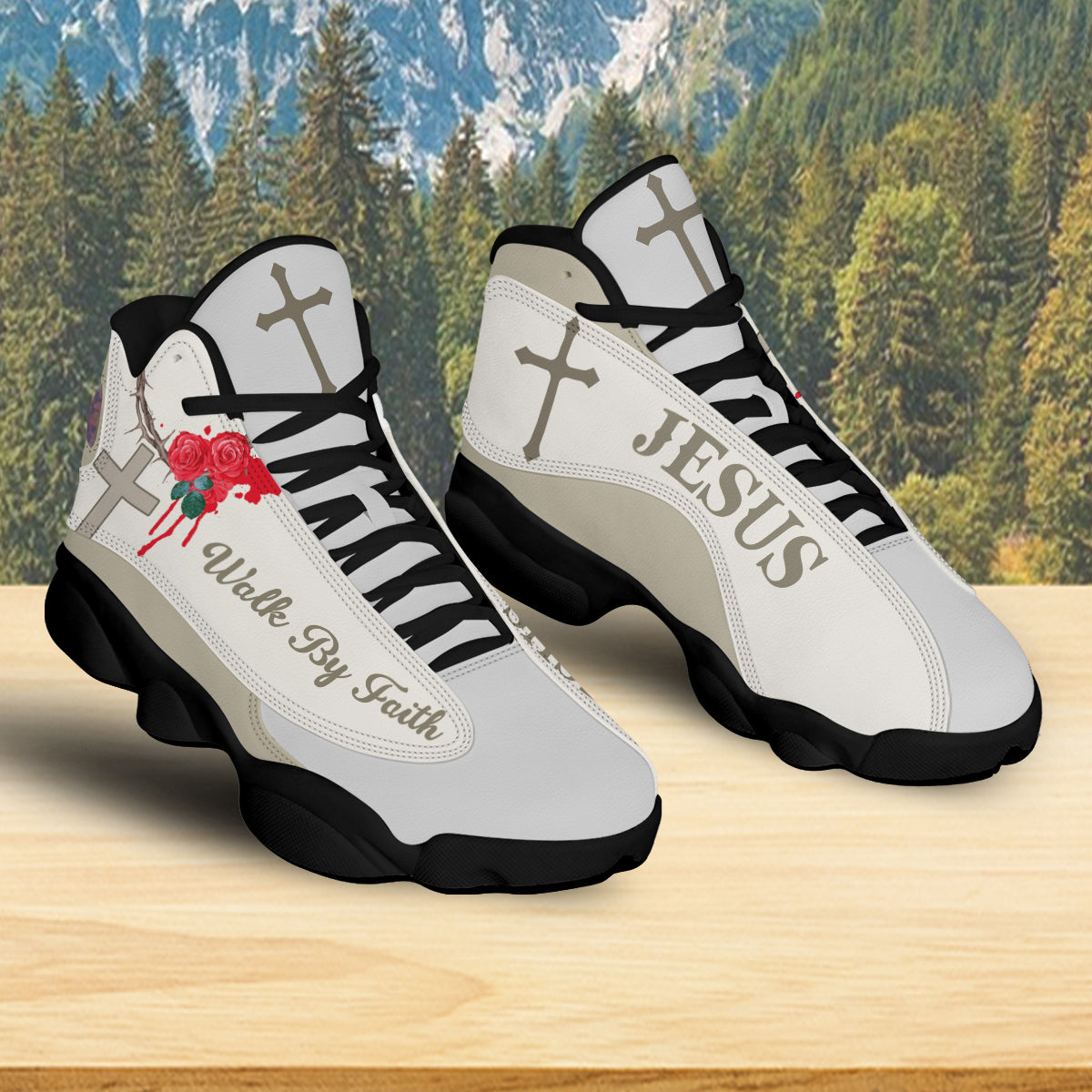 Teesdily | Jesus Crown Rose Basketball Shoes, Walk By Faith Basketball Shoes With Thick Soles, Cross And Rose Unisex Shoes, Christian Gifts