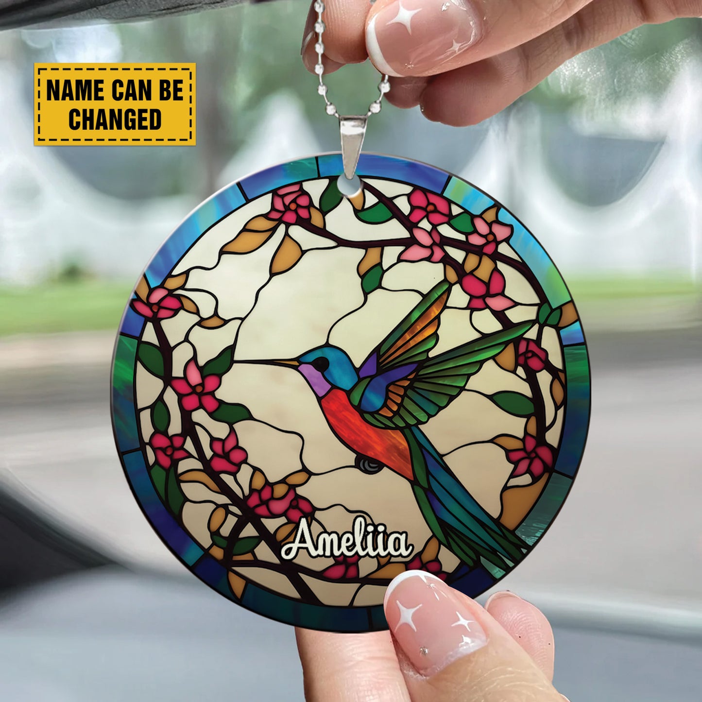 Teesdily | Customized Humming Bird Stained Glass Art Ceramic Ornament, Humming Bird Flower Acrylic Car Hanging Ornament, Christian Christmas Decoration