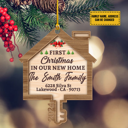 Teesdily | Personalized First Christmas In Our New Home Wooden Ornament, House Key 2 Layer Wooden Ornament Christmas Tree Decor