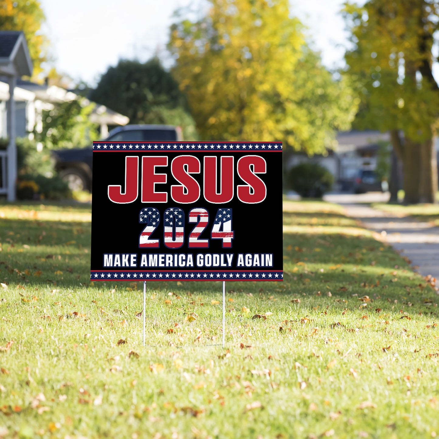 Teesdily | Jesus Make America Godly Again Yard Sign, Christ 2024 Garden Outdoor Sign, American Flag Patriot Lawn Sign, Yard Decor Independence Gifts