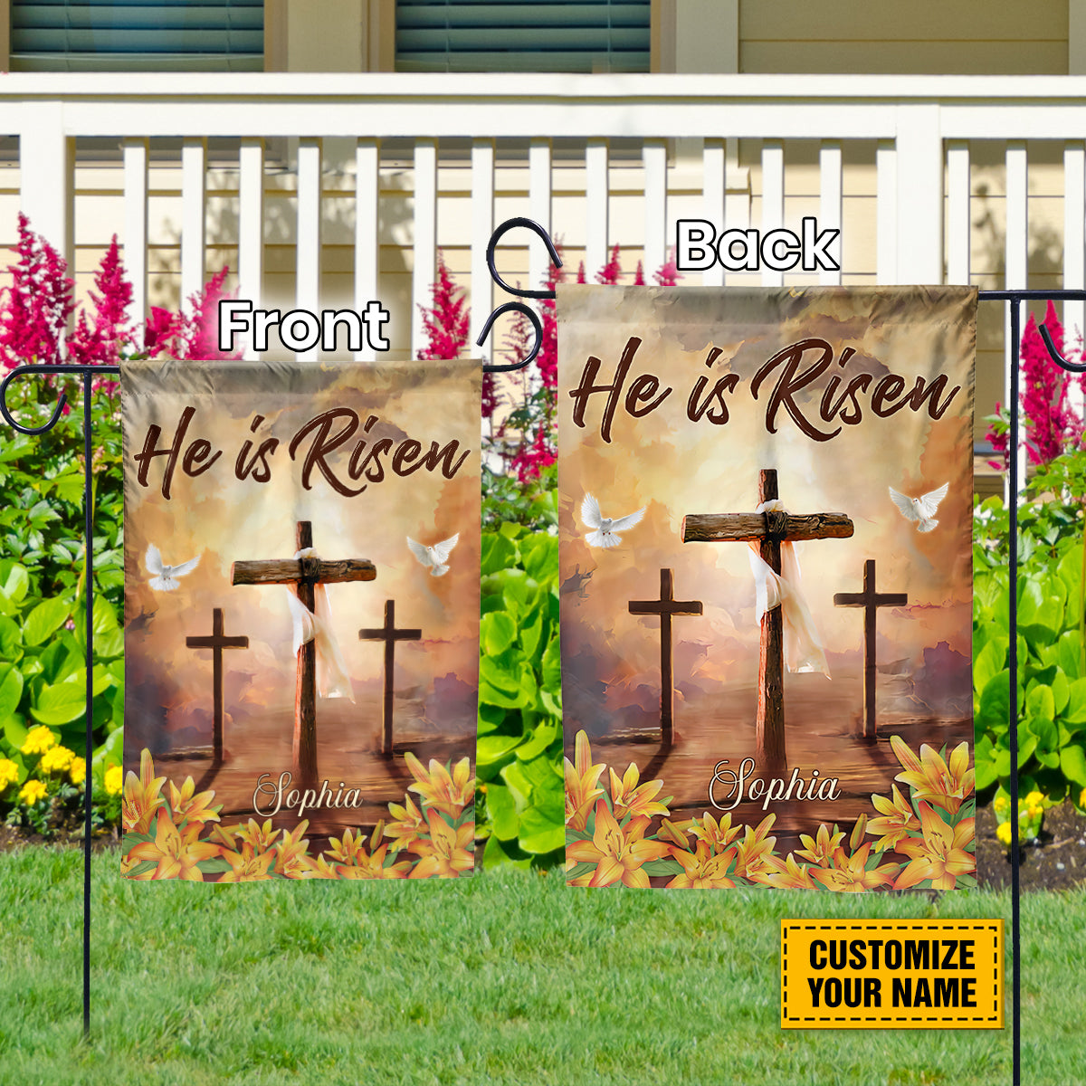 Teesdily | Jesus Christ Cross Customized Garden Flag He Is Risen Lily Floral House Flag Easter Day Home Garden Outdoor Decor