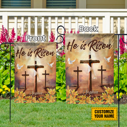 Teesdily | Jesus Christ Cross Customized Garden Flag He Is Risen Lily Floral House Flag Easter Day Home Garden Outdoor Decor