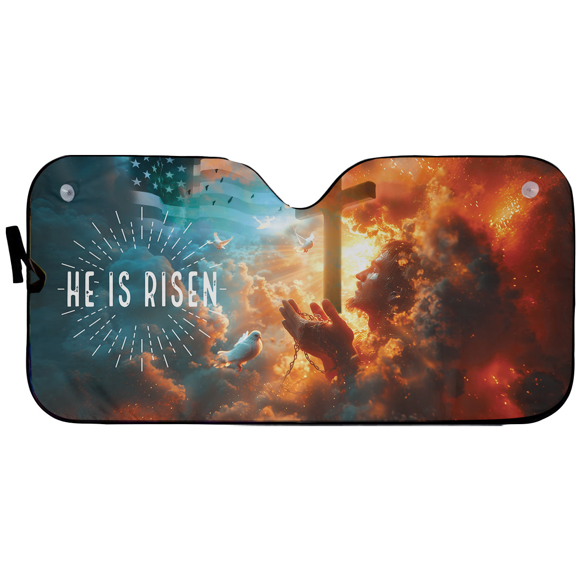 Teesdily | Jesus Cross Bird American Flag Car Sunshade, He Is Risen Auto Sunshade, Christ Car Windshield Sunshade, Car Accessories, Religious Gifts