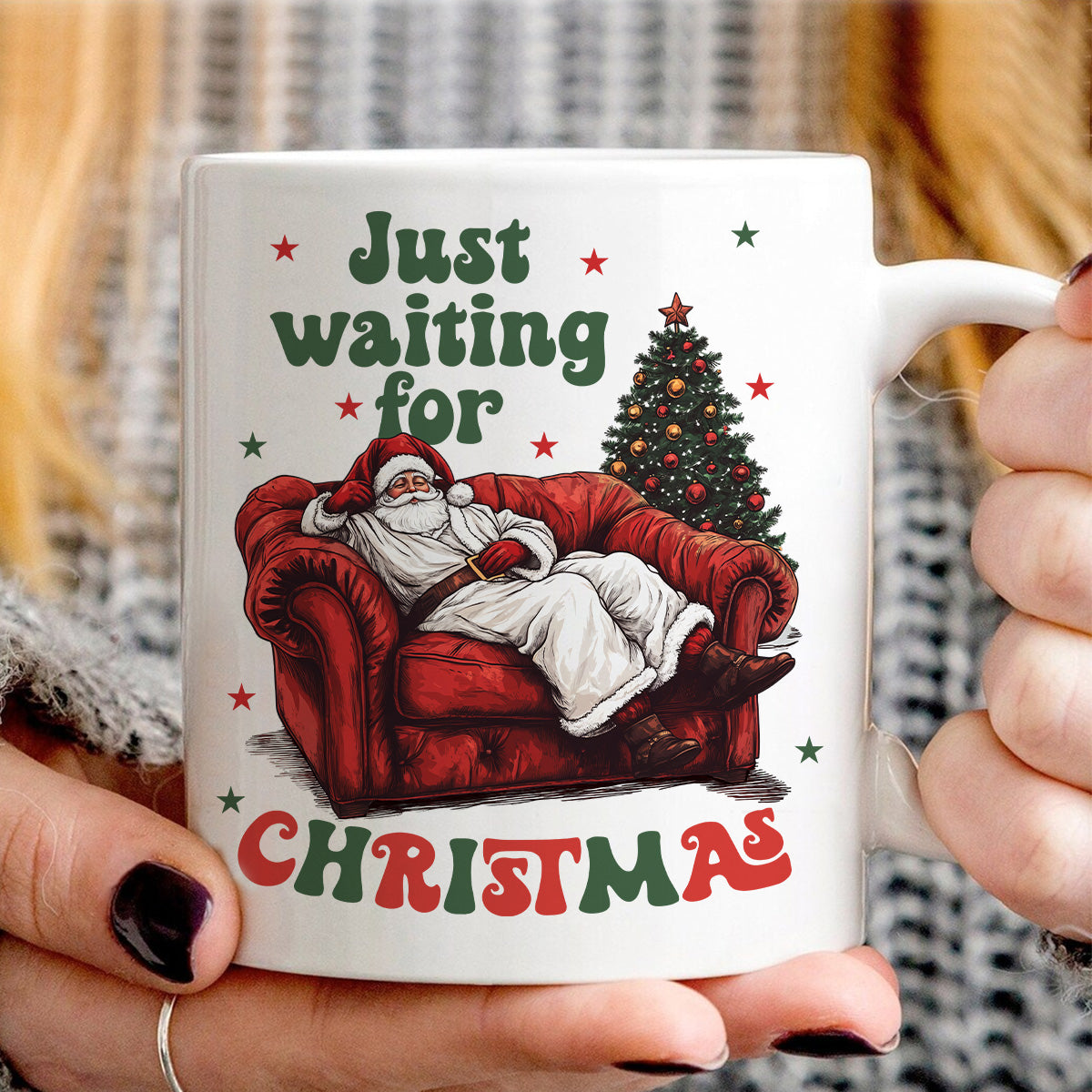 Teesdily | Just Waiting For Christmas Shirt, Santa Sofa Christmas Lights Tee 2024, Santa Claus Sweatshirt Hoodie Mug, Holiday Gift