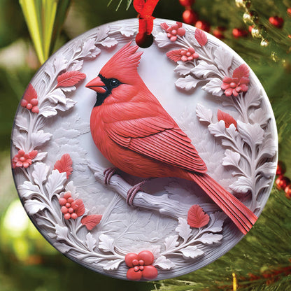 Teesdily | Christmas Cardinal Bird 2D Flat Ceramic Ornament, Couple Cardinal Bird Snowy Flower Christmas Gift, Xmas Ornament