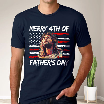 Teesdily | Jesus Dad American Flag T-shirt, Merry 4th Of Father's Day Sweatshirt, Happy Independence Day Gift, Dad Shirt Hoodie, Christian Mug Cup