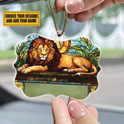 Teesdily | Personalized  Jesus Lion Of Judah Stained Glass Art Acrylic Ornament, Jesus Lion Car Hanging Ornament, Jesus Lovers Gift, Christmas Jesus Ornament