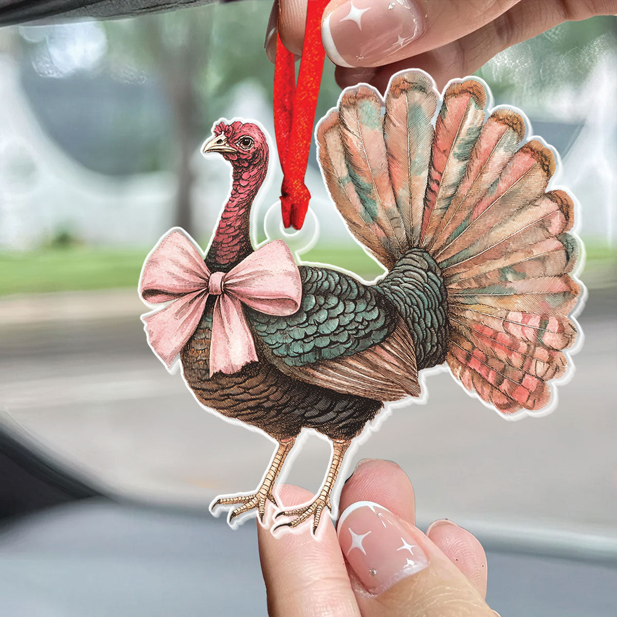 Teesdily | Happy Thanksgiving Turkey Ornament, Turkey Bow Coquette Acrylic Ornament Hanging, Autumn Home Decor, Thanksgiving Gift