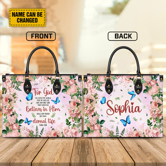 Teesdily | Personalized Jesus Blue Butterfly Floral Bag, For God Believes In Him Leather Bag, Flower Butterfly Leather Bag For Mom, Christmas Gifts