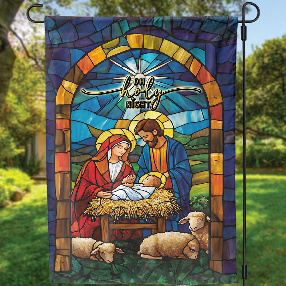 Teesdily | Christmas Jesus Nativity O Holy Night Garden Flag, Christian Christmas Scene Stained Glass Print House Flag Decor Yard