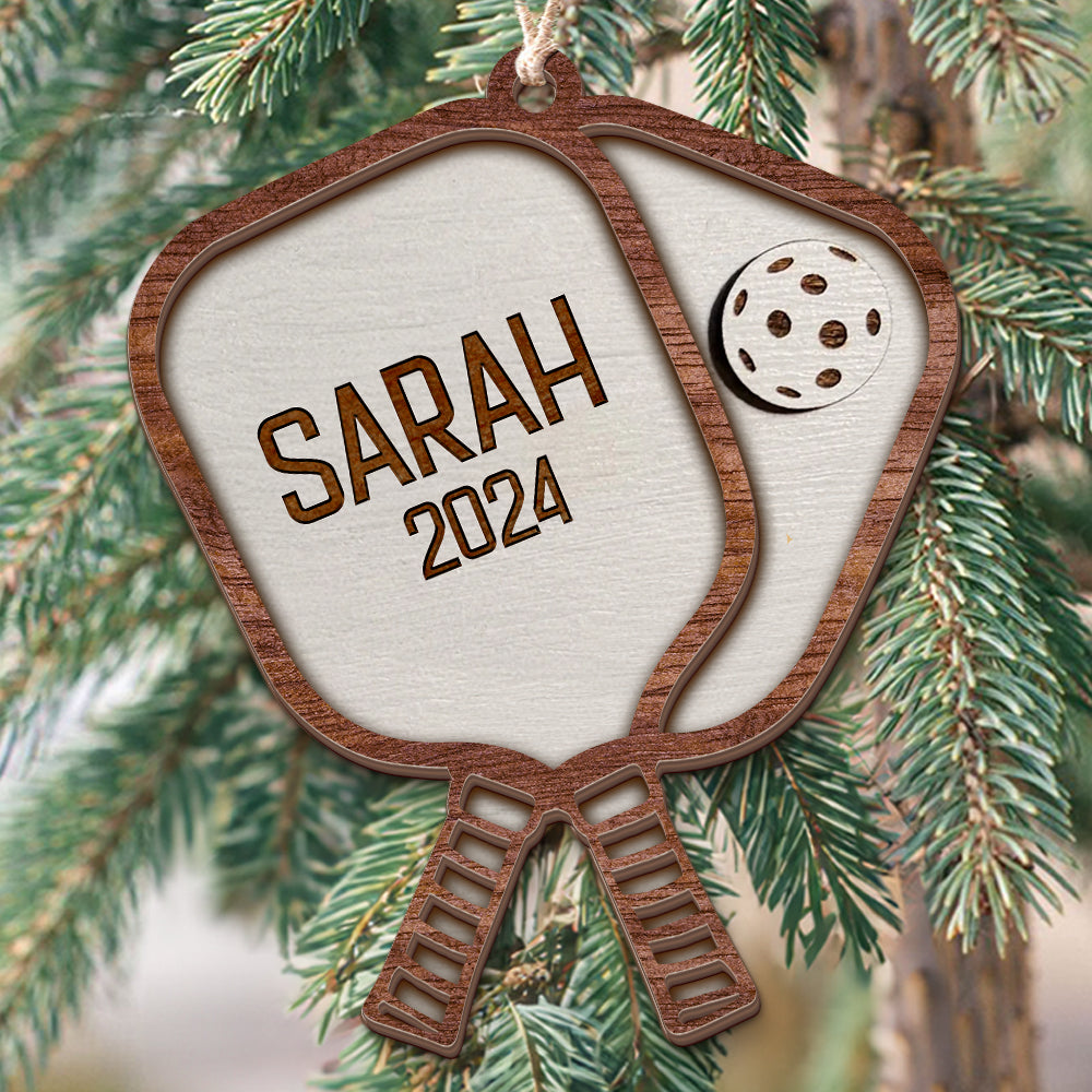 Teesdily | Customize Pickleball Paddle Wood Ornament, Pickleball 2 Layered Wood Christmas Ornament, Sport Player Xmas Gift