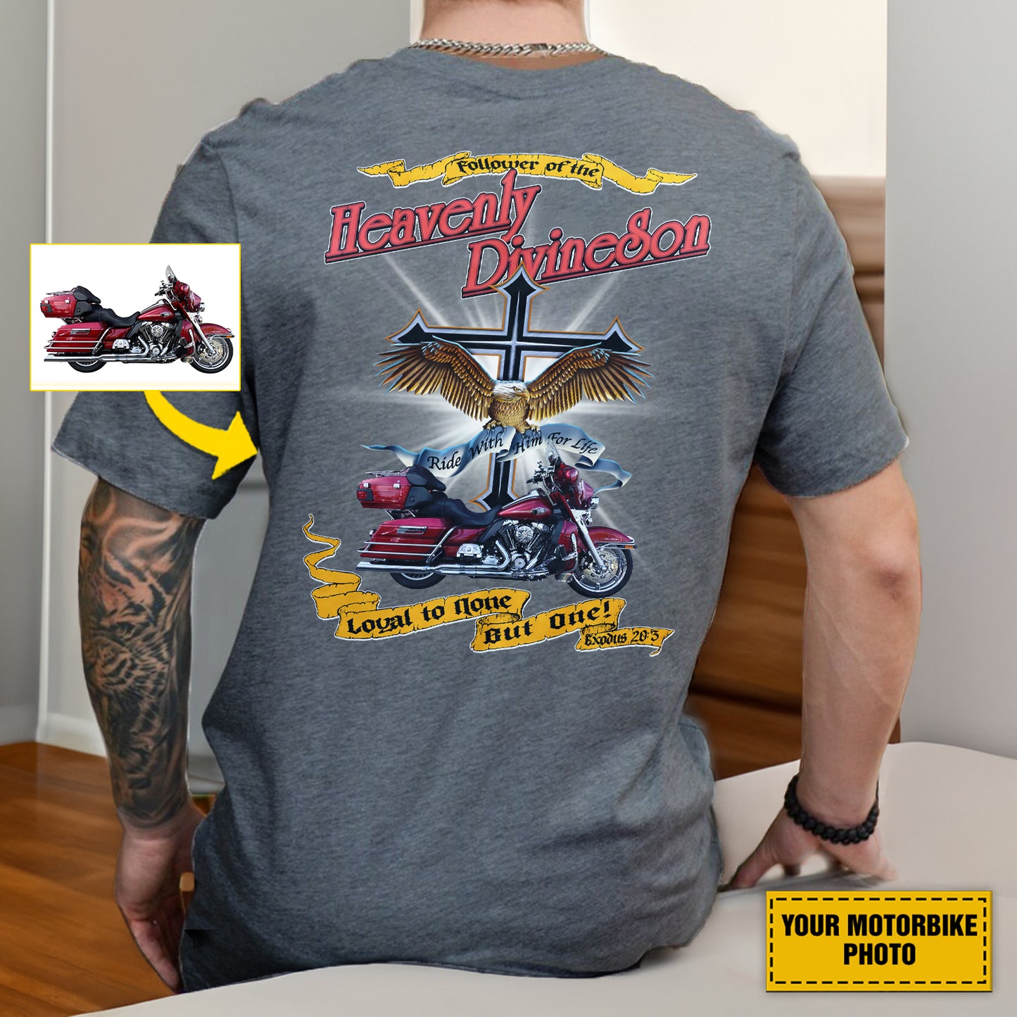 Teesdily | Customized Christian Biker Shirt, Follower Of The Heavenly Divineson Back Design Shirt Sweatshirt Hoodie Mug, Motorcycle Lovers Gifts