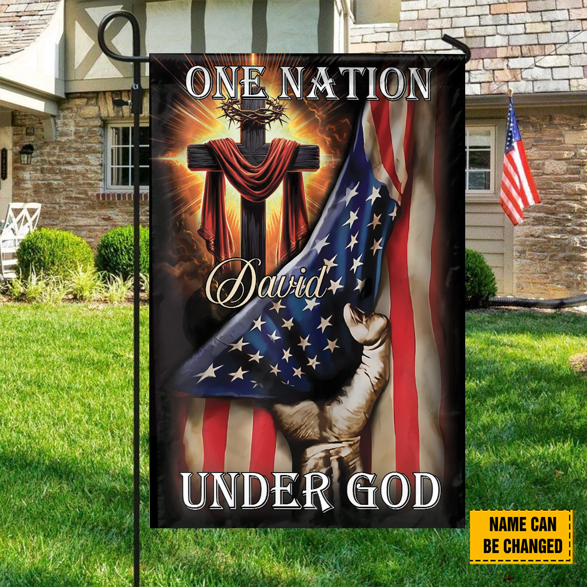 Teesdily | Personalized Jesus Cross American Flag, One Nation Under God Garden Flag, Christian American House Flag, 4th Of July Pastor Gifts